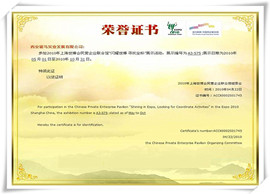 上海世博會(huì)民營(yíng)企業(yè)組委會(huì)授予榮譽(yù)證書(shū)